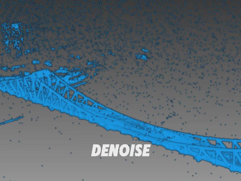 Demonstration of RayStudio's AI-powered denoising algorithm cleaning up point cloud noise on a bridge structure.