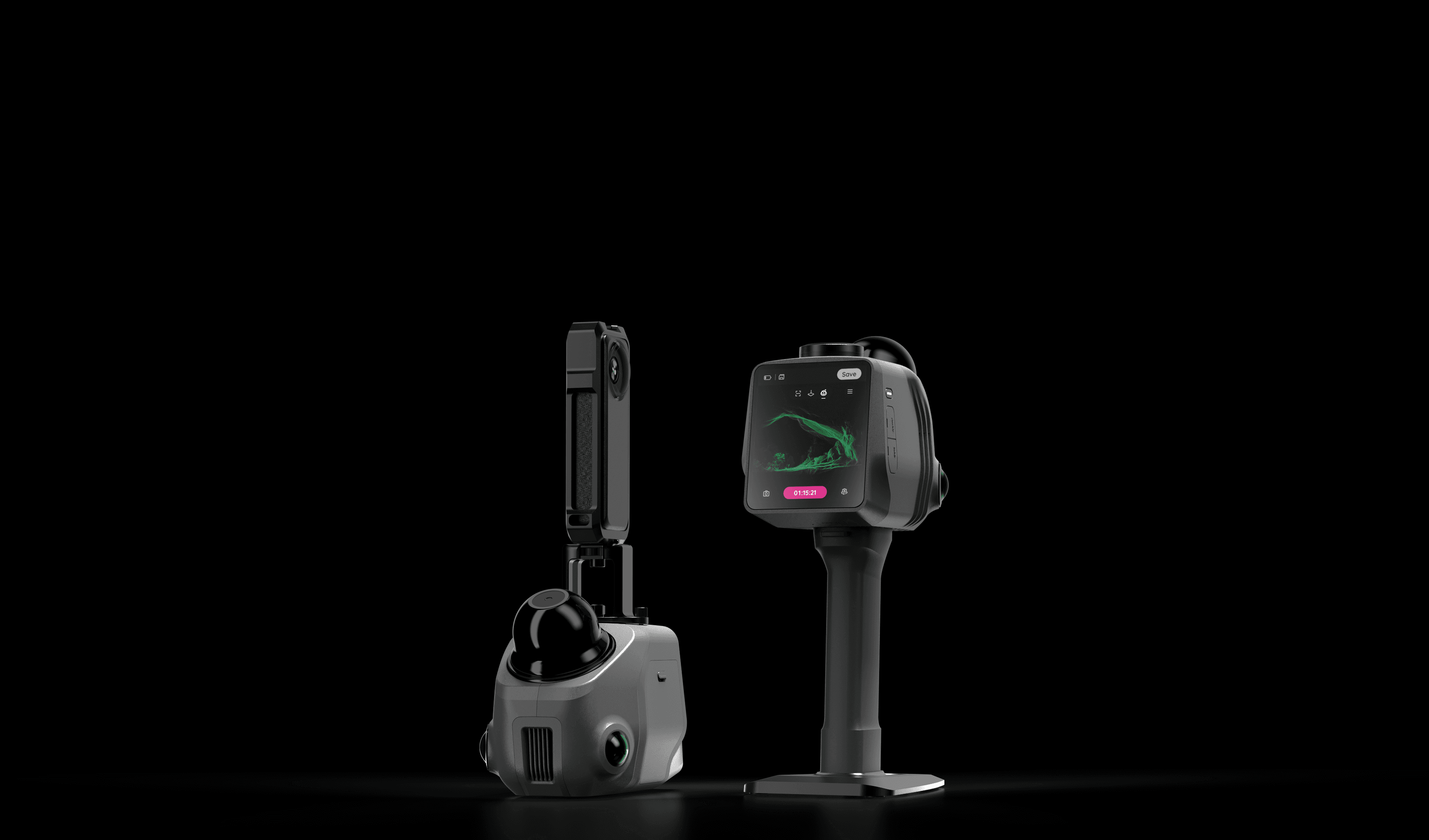 Front and back view of 3DMakerpro Raven handheld LiDAR scanner, showing its grip handle and rear display screen.