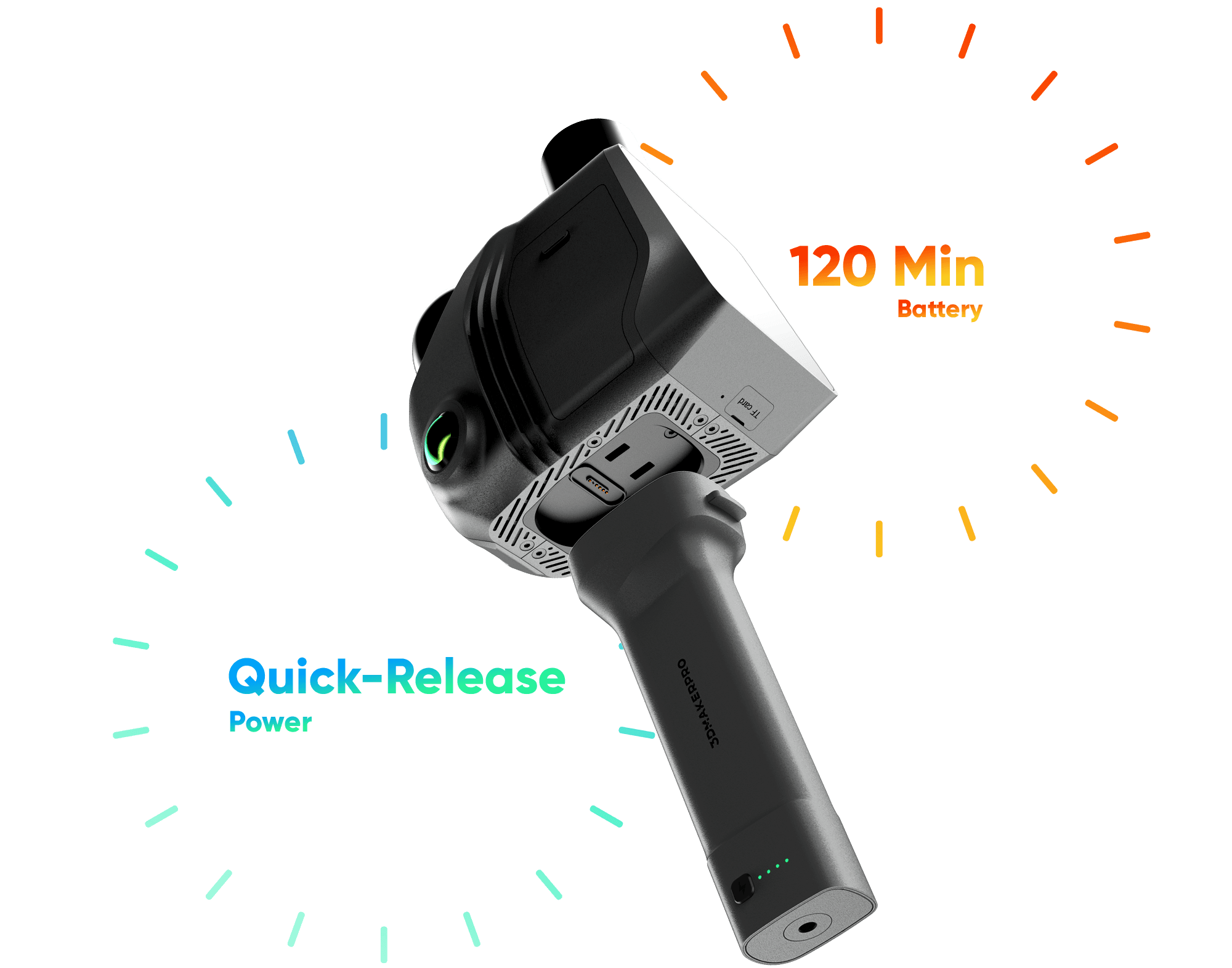 3DMakerpro Raven LiDAR's quick-release battery handle providing 2 hours (120 min) of continuous portable scanning.