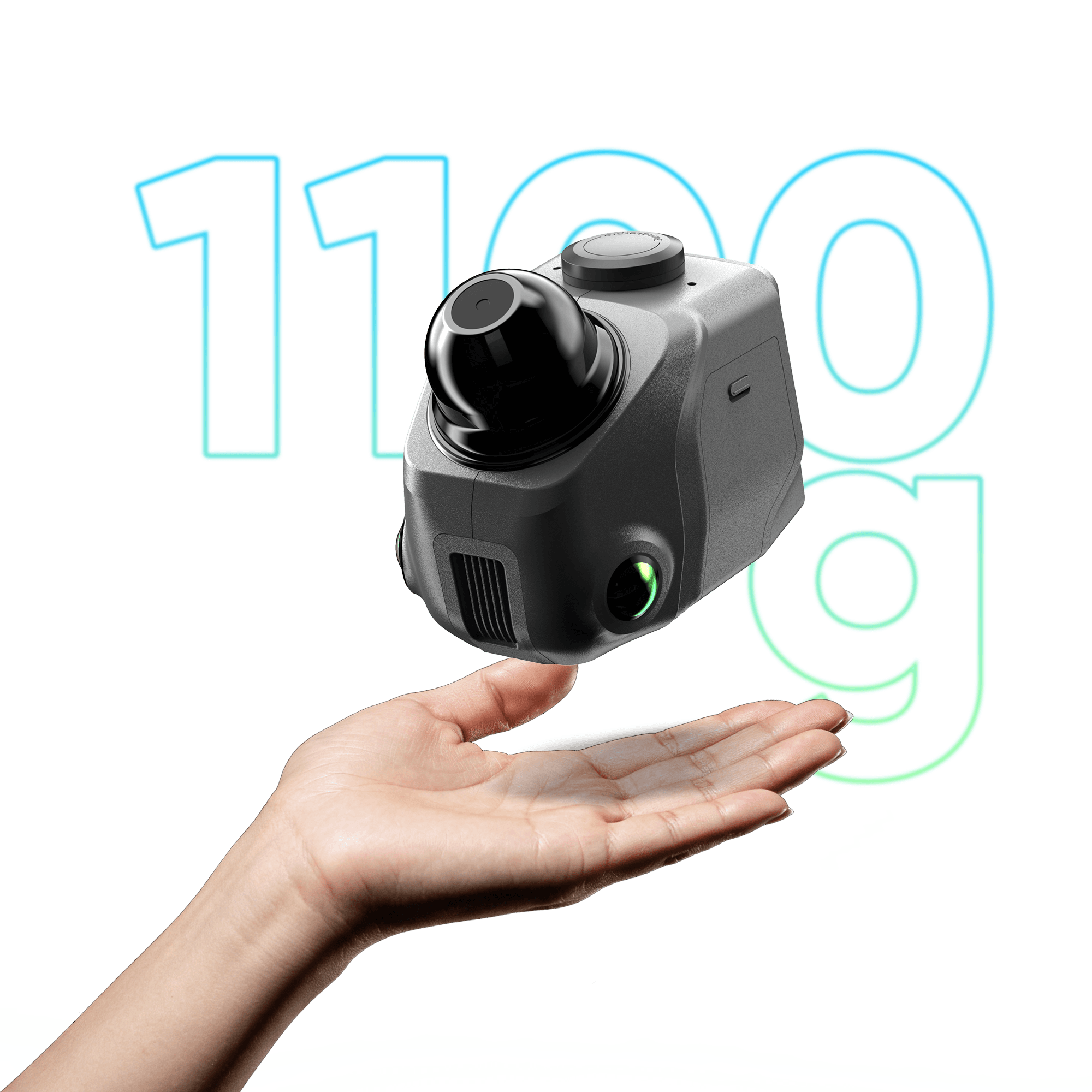 A hand palm holding the 1100g 3DMakerpro Raven scanner, highlighting its lightweight, compact, and portable design.