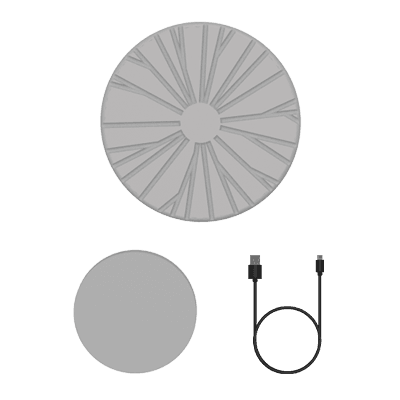 Basic turntable kit components: include one textured rotation plate, one motor base, and one USB connection cable.