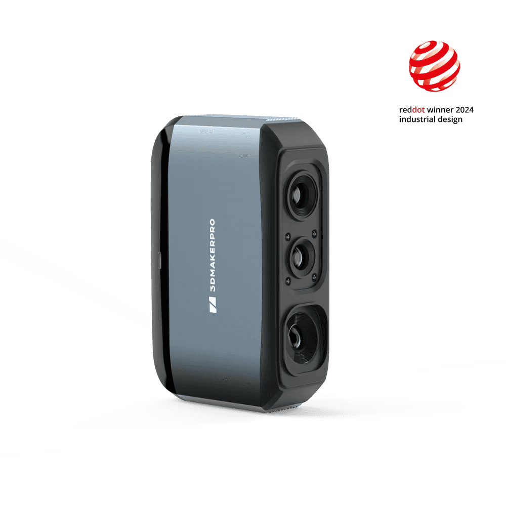 3DMakerpro Moose Scanner (Red Dot Winner 2024) featuring 0.03mm accuracy and a versatile 15-1500mm scanning range.