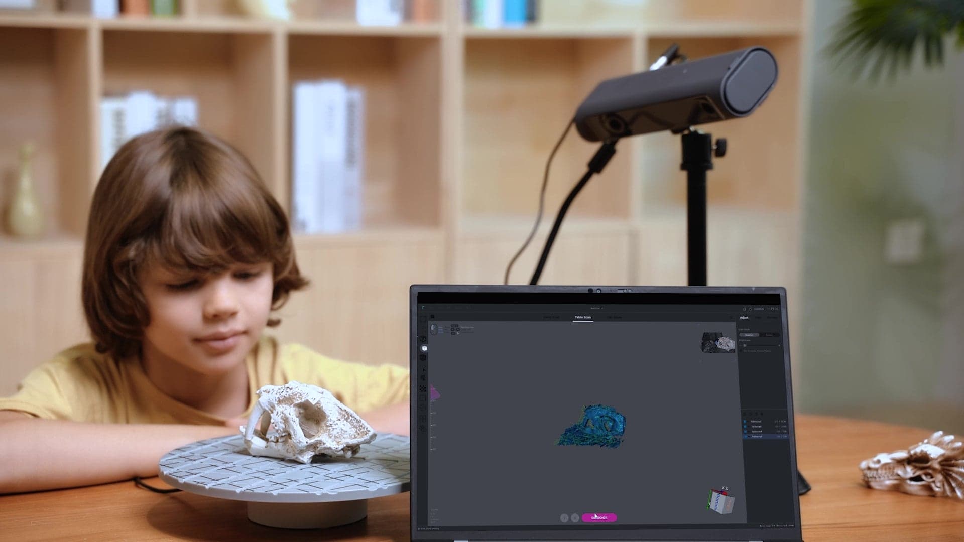 A child observing a 3D skull scan, demonstrating how the software simplifies modeling with one-click optimization.