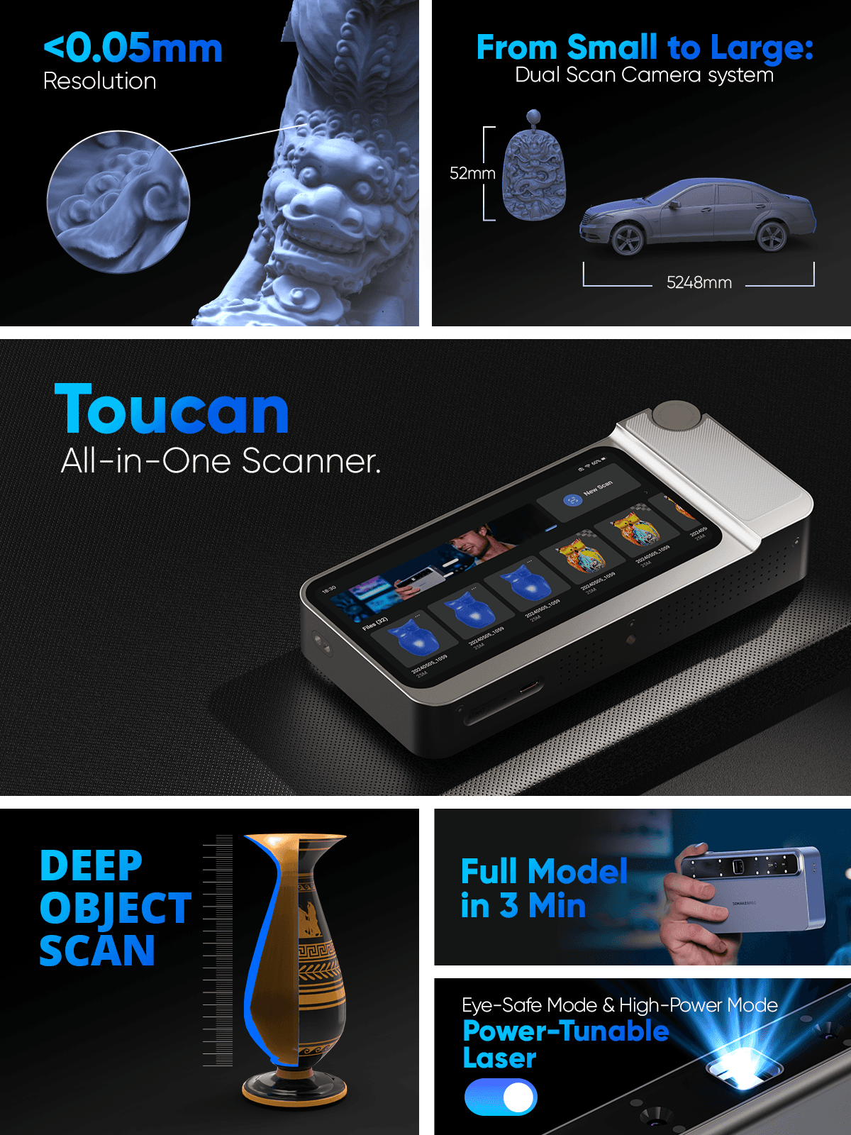 Toucan 3D scanner specs overview: 0.03mm accuracy, 48MP camera, and versatile dual-camera system for small to large objects.