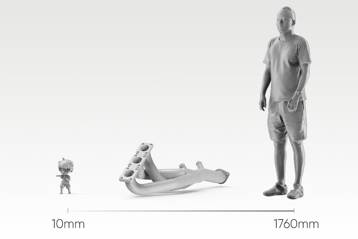 3DMakerpro Turtle: Versatile 3D scanning range for miniatures, car parts, and human bodies using S, M, and L modules.