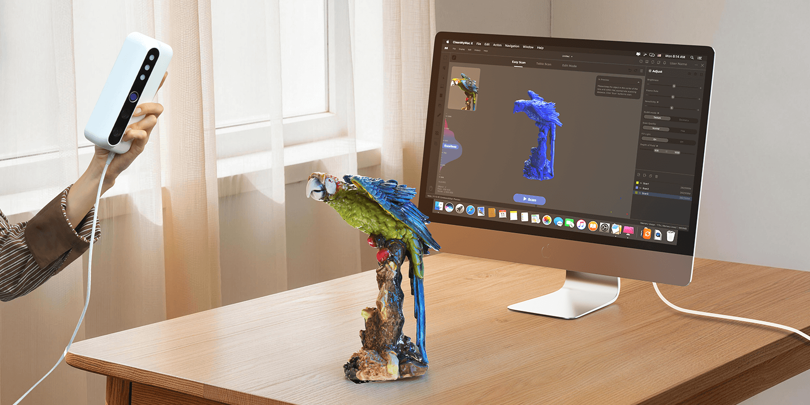 3DMakerpro Turtle scanning a parrot into an iMac, showcasing the easy unbox, plug in and scan workflow for Windows and Mac.