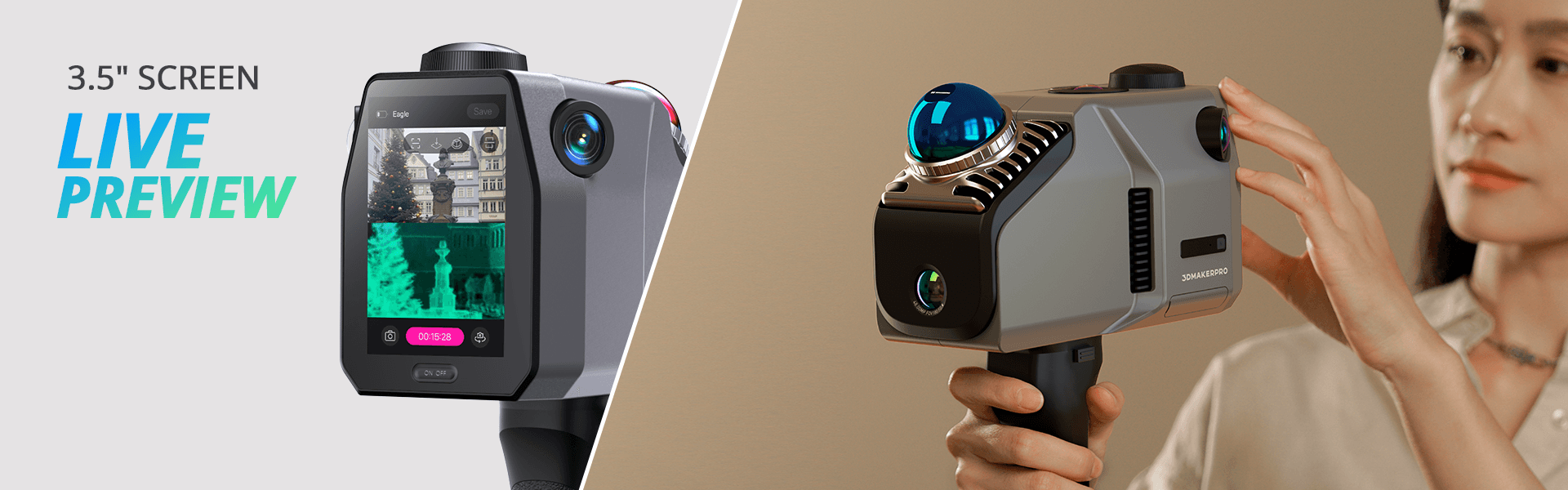 Eagle handheld 3D scanner featuring a 3.5-inch live preview screen for real-time scanning visualization.