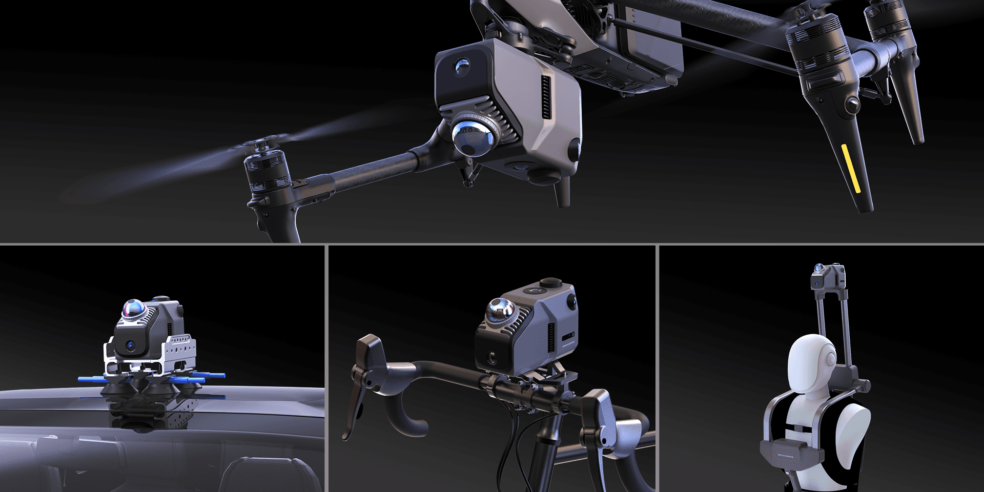 Eagle scanner mounted on a drone, car, bicycle, and backpack, showcasing its versatile adaptability to various vehicles.