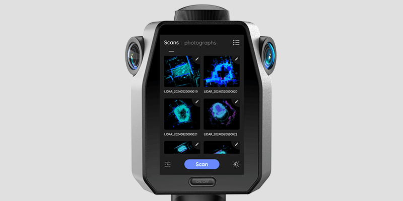 Eagle scanner's 3.5-inch screen displaying multiple point cloud projects for instant on-site data review.