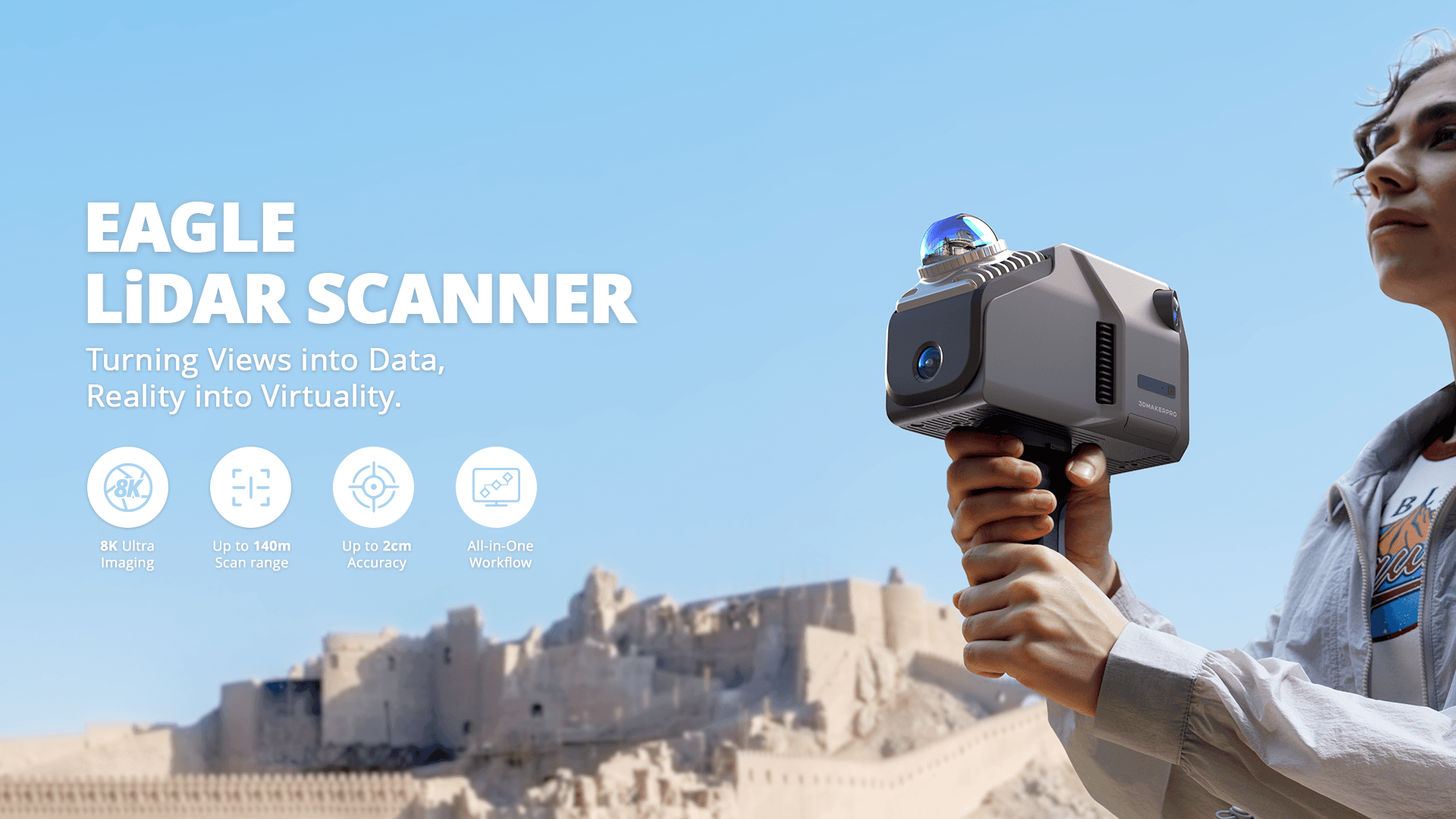 Person holding the Eagle LiDAR Scanner against ancient ruins, highlighting its 140m scan range and 8K imaging.