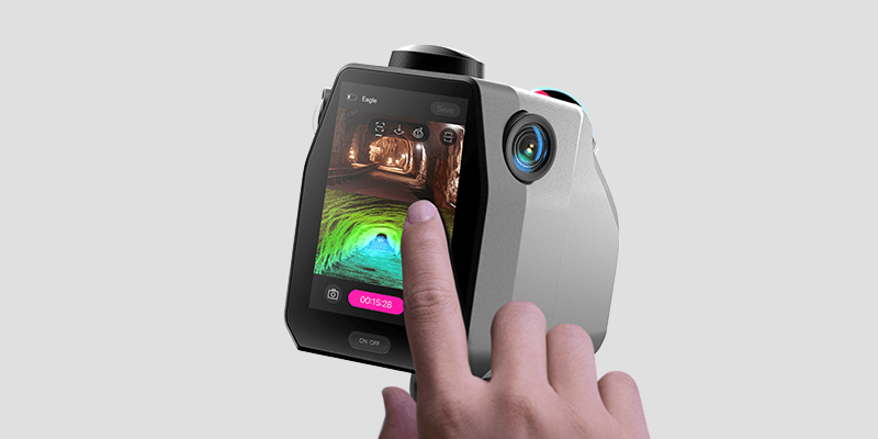 Hand touching the Eagle scanner screen showing a tunnel scan, highlighting its ready-to-use, calibration-free setup.