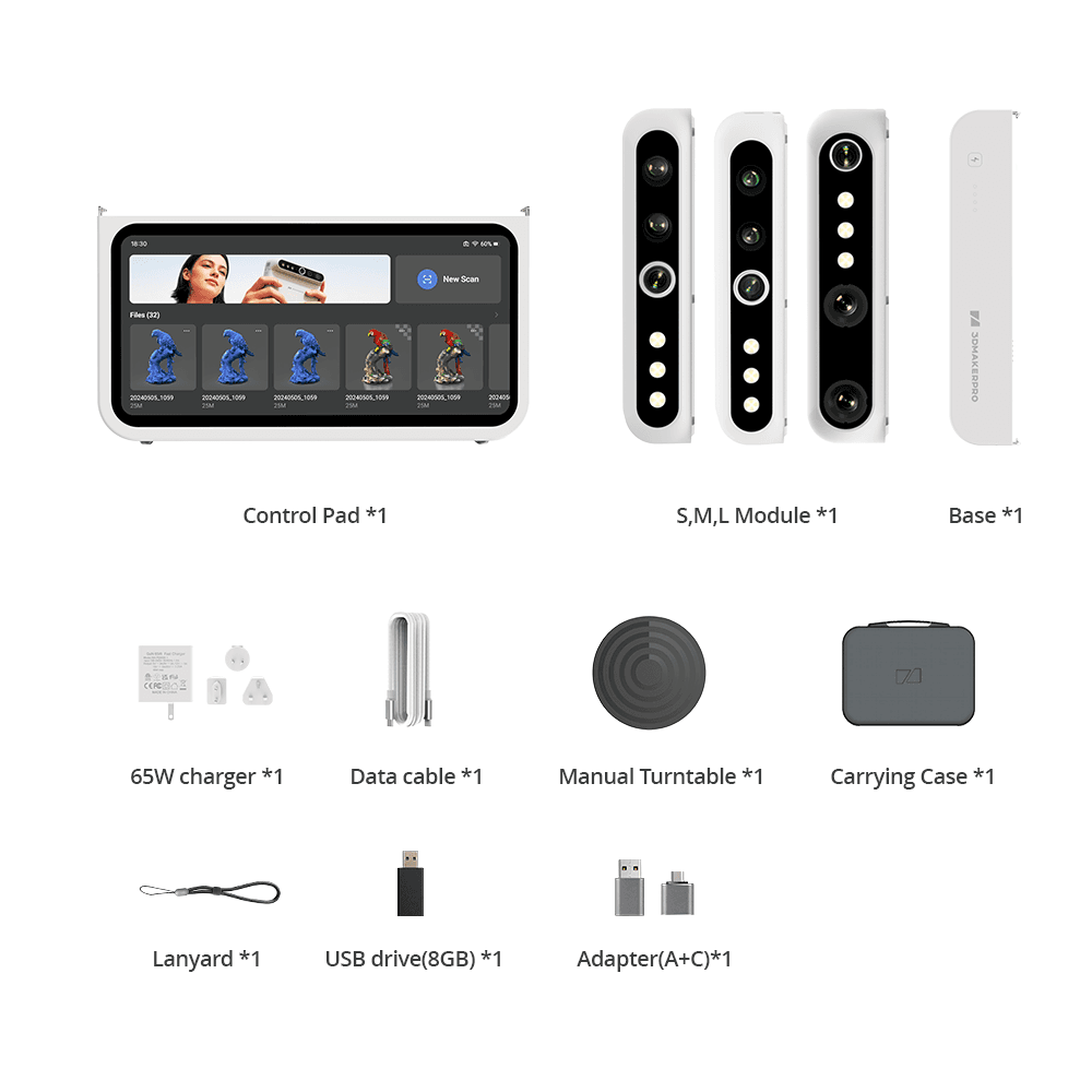 Turtle Luxury Kit: Control Pad, S/M/L modules, battery base, 65W charger, cable, turntable, case, lanyard, and USB drive.