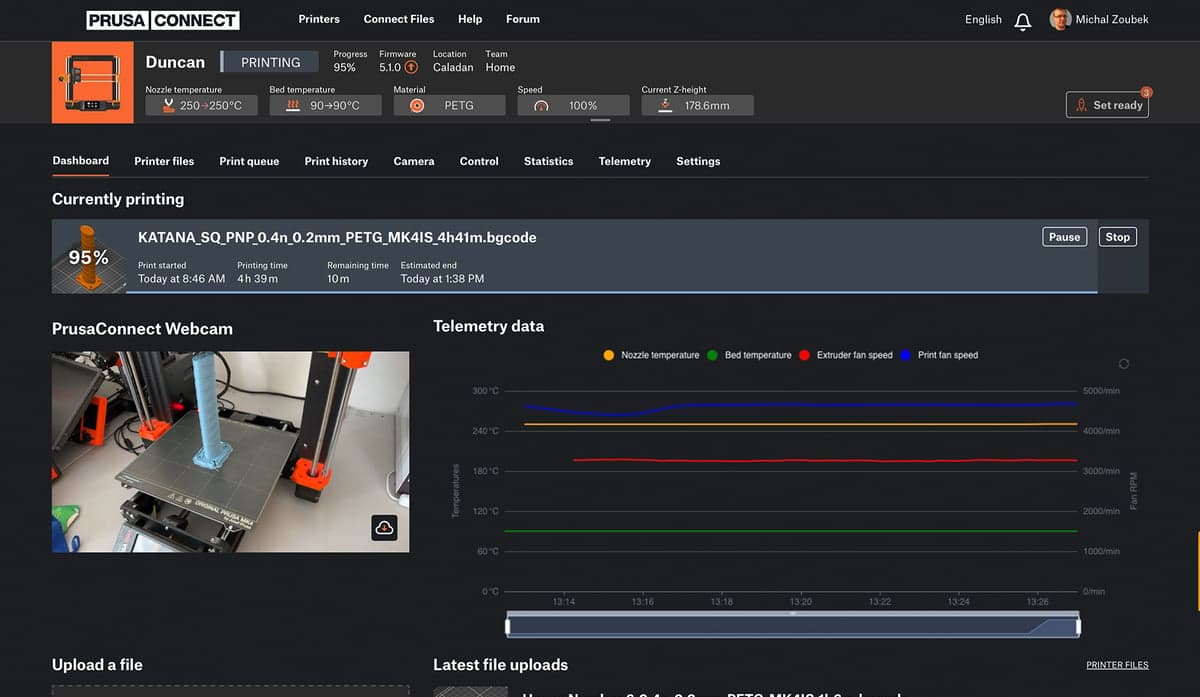 Prusa Connect dashboard showing printer fleet